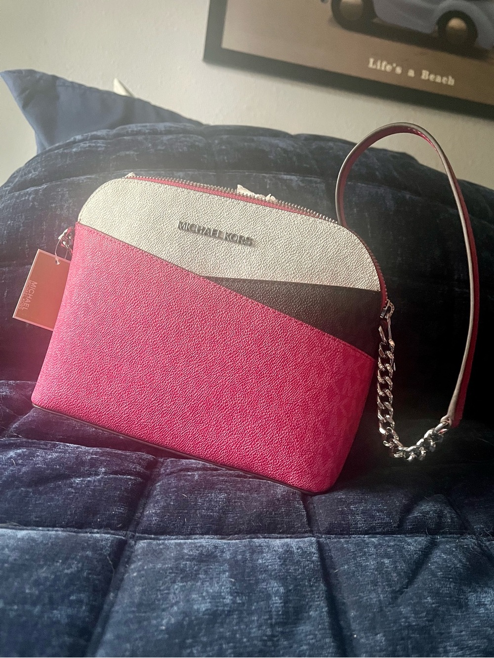 Michael Kors Pink, Cream & Black Diagonal Colorblock Crossbody
